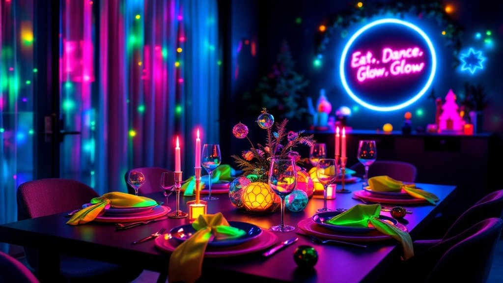 Neon Night Dining Room with Glow-Inspired Holiday Decor — Create a vibrant dining room where the neon colors and energy of 90s rave culture meet the festive spirit of Christmas. This space should feel bold, immersive, and perfect for a playful holiday dinner.