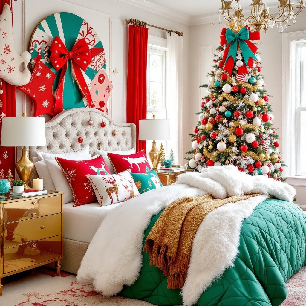  — Contemporary Christmas Interior Trends for 2024 - Maximalist Bedroom with a Whimsical Tree and Bold Textiles. Design a maximalist bedroom that features a whimsical Christmas tree and layers of bold, festive textiles. The room should feel warm, playful, and full of holiday cheer.