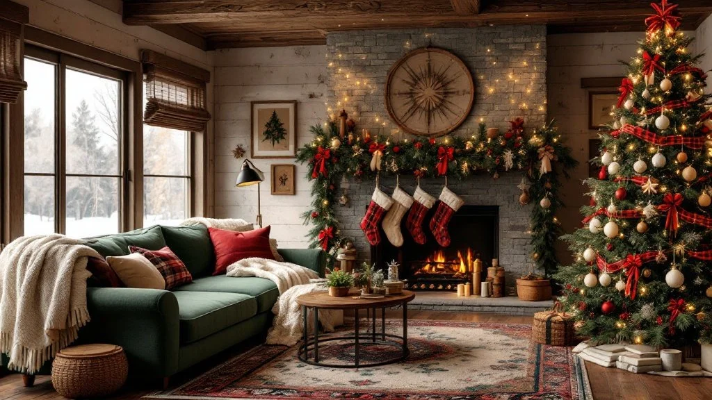 1990s Cozy Cabin Christmas Family Room — Create a family room inspired by the cozy, woodsy style of a 1990s cabin, decorated festively for Christmas. This room should feel warm and rustic, with wood textures, cozy textiles, and holiday decor that evokes the charm of a classic Christmas cabin retreat.