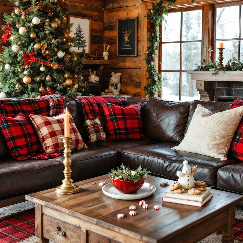 1980s Plaid and Wood Christmas Den — Create a cozy, wood-paneled den decorated for Christmas with rich plaid patterns and rustic holiday decor. This space should feel warm and nostalgic, capturing the rugged, cabin-like style popular in 1980s family rooms.