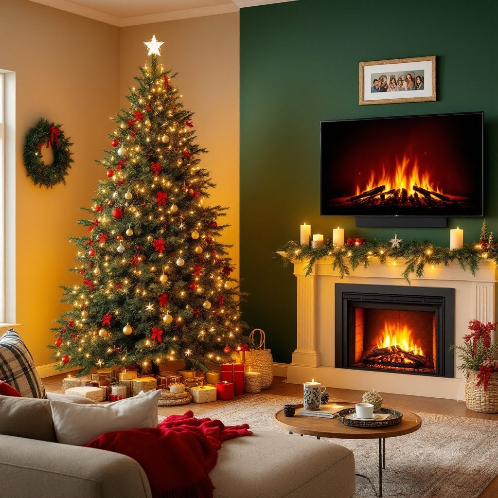  — Contemporary Christmas Interior Trends for 2024 - Family Room with Voice-Activated Holiday Decor and Virtual Fireplace. Design a cozy family room where smart technology and digital displays create a warm and interactive holiday ambiance. This space should blend traditional holiday warmth with modern convenience.