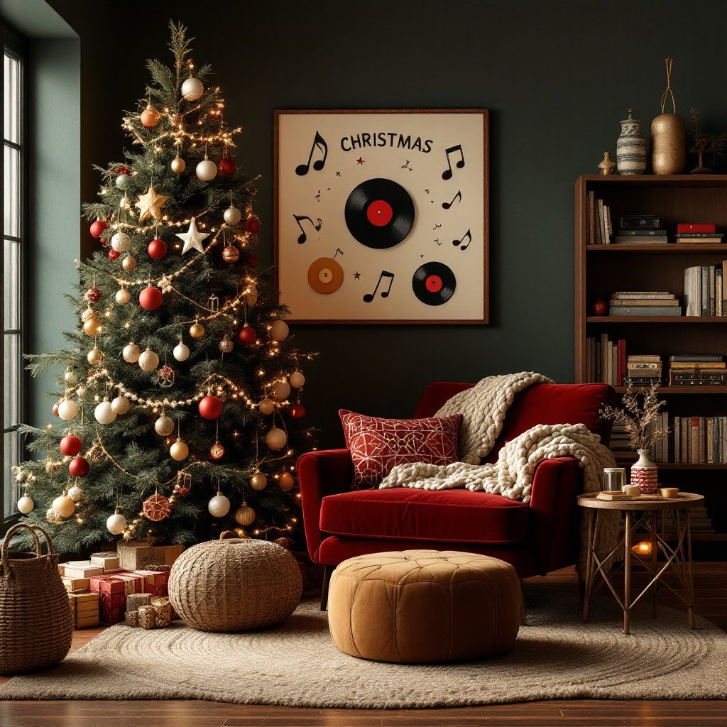 1970s Vintage Record-Lover’s Christmas Lounge — Create a cozy lounge inspired by the music culture of the 1970s, decorated for Christmas with a vintage record theme. This space should feel laid-back and nostalgic, blending earthy textures with holiday decor that celebrates the era’s love of music and analog warmth.