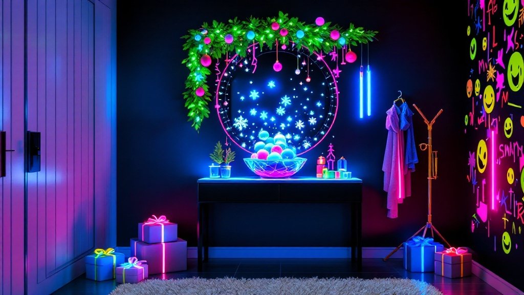 Futuristic Rave Entryway with Digital Holiday Flair — Design a rave-inspired entryway where neon colors, glowing decor, and interactive elements create a bold and festive first impression.