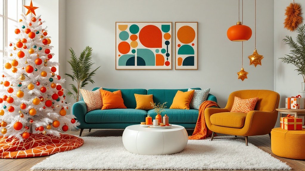 1970s Mod Christmas Lounge — Create a lounge with bold, mod-inspired 1970s decor, decorated for Christmas with vibrant colors and unique holiday decorations. This space should feel fun and retro, capturing the eclectic and playful vibe of the mod style with a festive holiday twist.