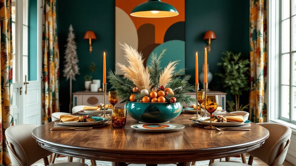 1970s Bold Retro Christmas Dining Room — Create a dining room with bold 1970s retro holiday decor, featuring rich colors, geometric patterns, and vintage holiday elements. This space should feel vibrant and inviting, capturing the eclectic, slightly eccentric style of the 70s with a festive twist.