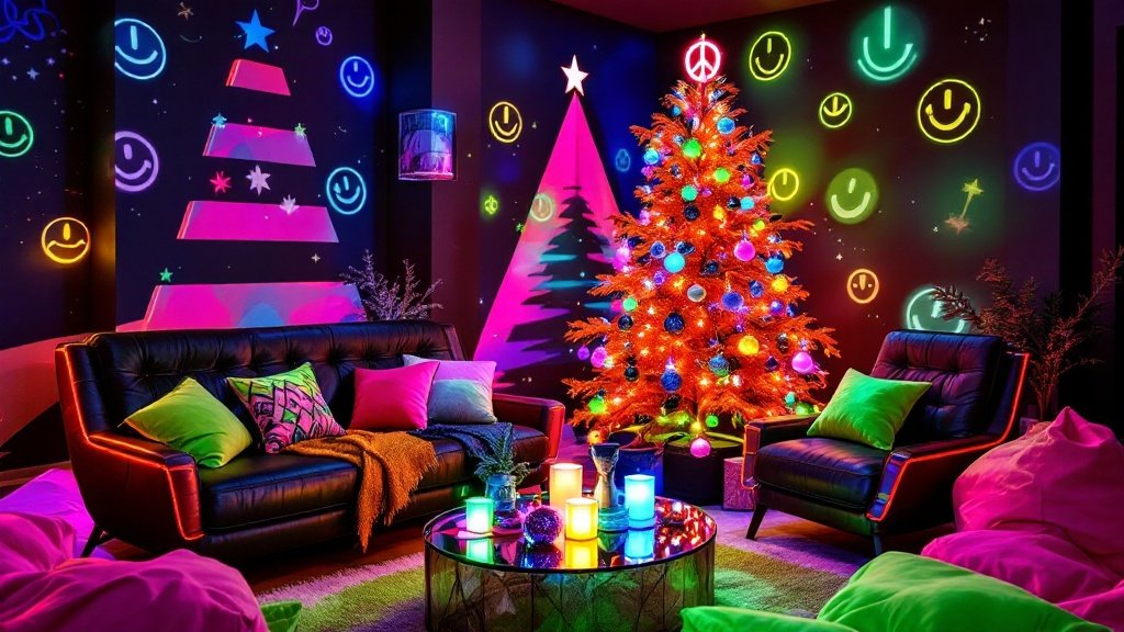 Rave-Inspired Holiday Lounge with Immersive Lighting — Create a vibrant lounge area inspired by the energy of 90s UK rave culture, blending bold neon colors and festive lighting for a dynamic holiday experience.