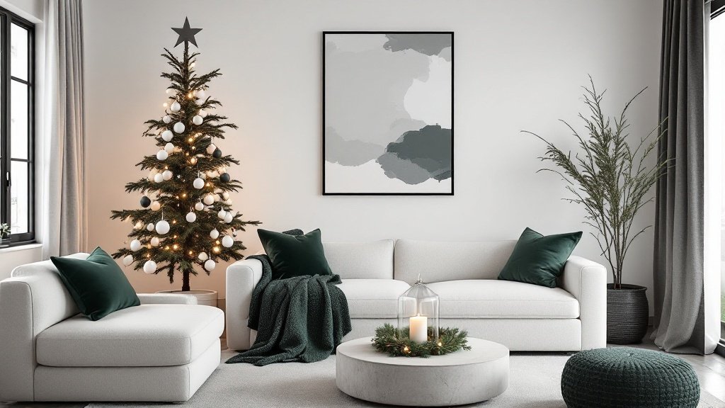  — Contemporary Christmas Interior Trends for 2024 - Modern Minimalist Christmas Living Room Create a minimalist living room that captures the essence of holiday magic with clean lines and a "less is more" philosophy. This room should showcase a singular statement piece while maintaining a serene, festive ambiance.