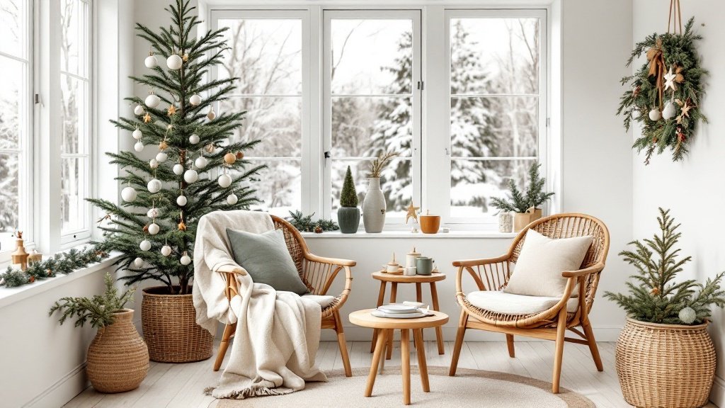 1970s Scandinavian Christmas Sunroom — Create a bright, Scandinavian-inspired sunroom decorated for Christmas, capturing the minimalist and nature-focused style of the 1970s. This space should feel fresh and airy, blending light, natural materials with simple holiday decor that brings warmth and tranquility.