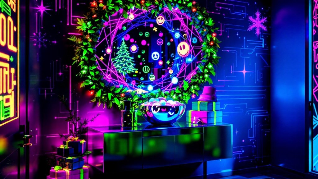 Cyberpunk Christmas Entryway with Rave-Inspired Decor — Design a futuristic entryway where 90s rave culture meets modern cyberpunk aesthetics, creating a bold and welcoming space for the holiday season.