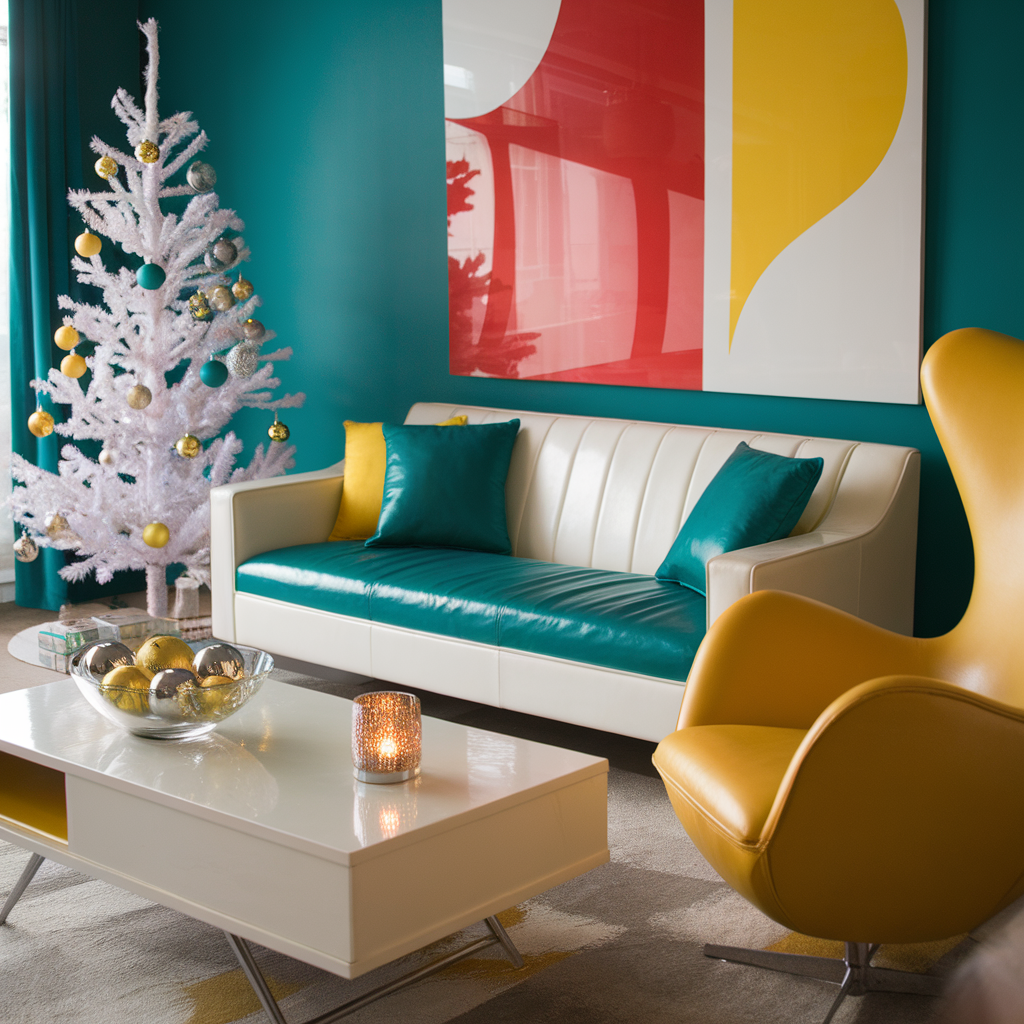 1960s Mod Christmas Living Room — Create a 1960s mod-inspired living room decorated for Christmas, filled with bright colors, geometric patterns, and sleek mid-century furnishings. This space should feel stylish, vibrant, and a bit playful, capturing the cool, fashionable vibe of the mod aesthetic with holiday elements that feel bold yet elegant.