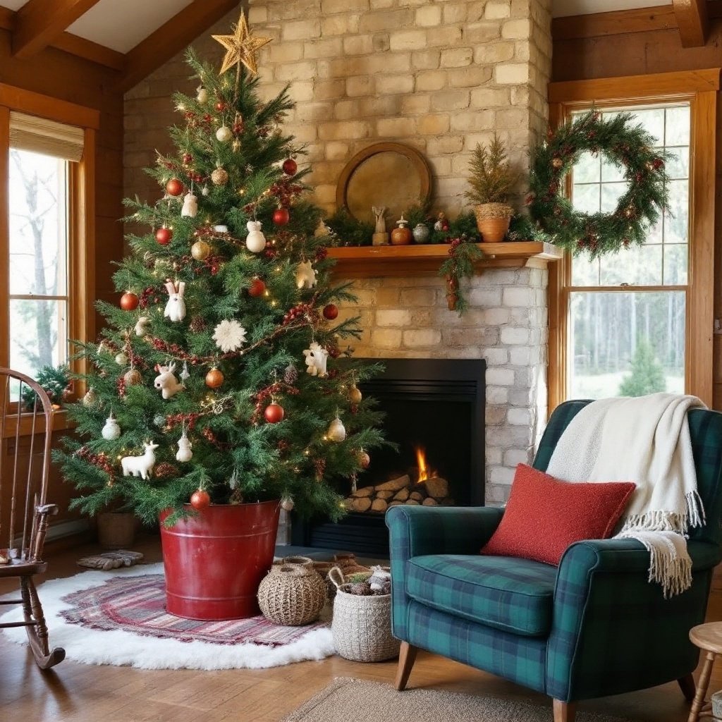 1960s Rustic Cabin Christmas Family Room — Create a warm, rustic family room with 1960s cabin-style decor, decorated for Christmas with earthy holiday accents. This space should feel cozy, intimate, and slightly rugged, capturing the natural, back-to-nature spirit of the 1960s.