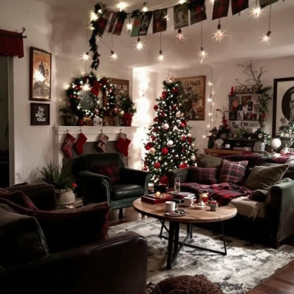 1980s Christmas Basement Hangout — Create a basement hangout space decorated for Christmas with 1980s inspired holiday decor. This space should feel edgy and relaxed, blending dark colors, vintage posters, and eclectic holiday touches that give it a unique, alternative Christmas vibe.