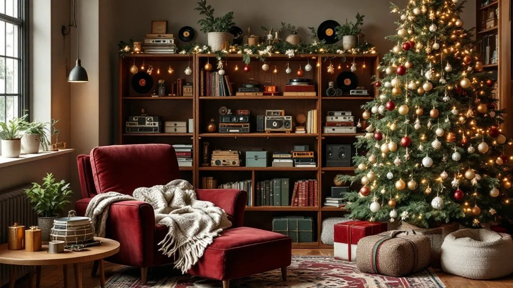 1970s Vintage Record-Lover’s Christmas Lounge — Create a cozy lounge inspired by the music culture of the 1970s, decorated for Christmas with a vintage record theme. This space should feel laid-back and nostalgic, blending earthy textures with holiday decor that celebrates the era’s love of music and analog warmth.