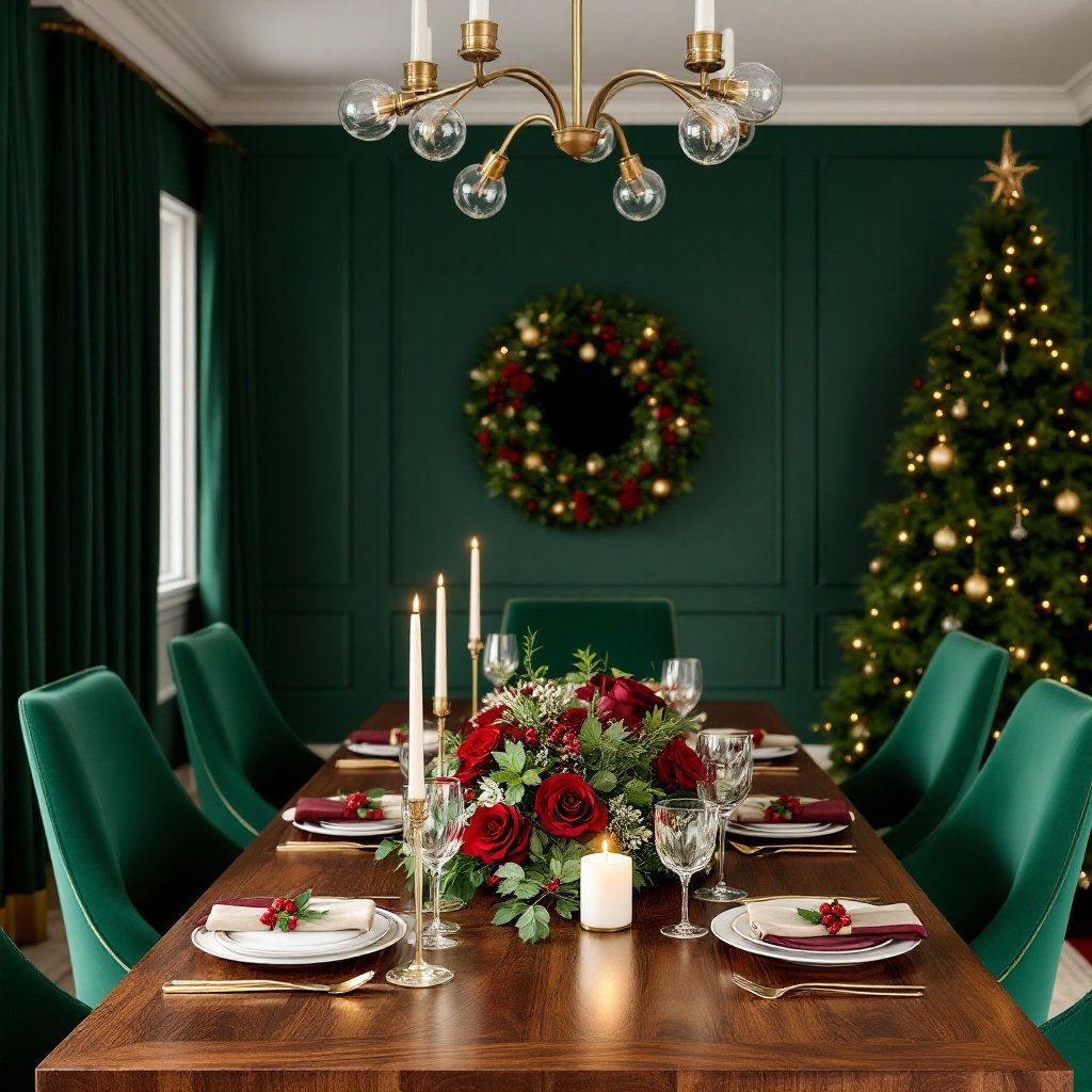 1960s Velvet and Glam Christmas Dining Room — Create a luxurious dining room inspired by the glamor of the 1960s, decorated for Christmas with opulent textures and holiday decor that reflects mid-century sophistication. This space should feel upscale and festive, blending rich colors, sleek finishes, and vintage decor with a festive yet restrained approach to holiday cheer.