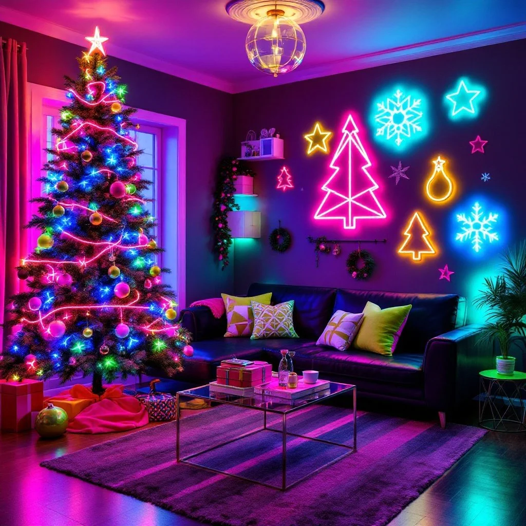 1980s Neon Christmas Living Room — Create a bold and festive living room with a neon-inspired 1980s aesthetic, filled with bright colors, geometric shapes, and holiday decor that glows. This room should feel energetic and electric, capturing the unique style of 80s neon art with a lively Christmas twist.