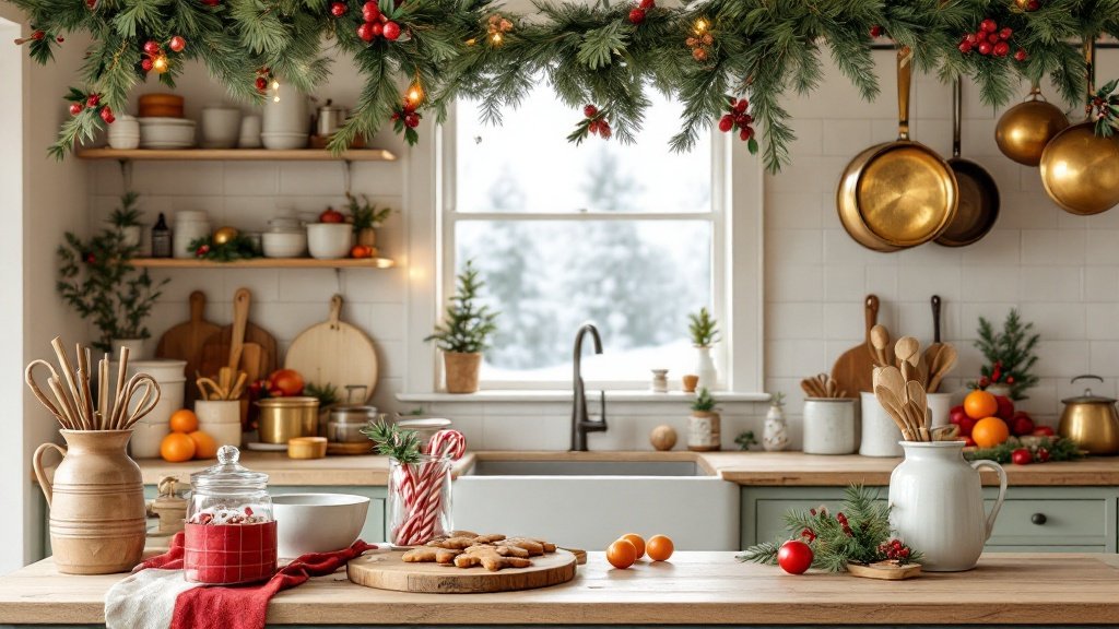  — Contemporary Christmas Interior Trends for 2024-&nbsp;Cozy Cottage Christmas Kitchen. Create a charming, cozy kitchen in a countryside cottage, decorated festively for the holidays. This interior should feel warm and inviting, filled with rustic holiday decor that brings the holiday spirit into every corner. The ambiance should reflect a nostalgic, homey Christmas atmosphere, ideal for baking and holiday gatherings.
