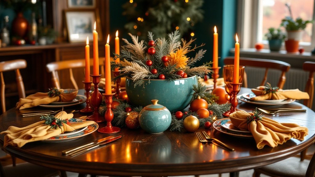1970s Bold Retro Christmas Dining Room — Create a dining room with bold 1970s retro holiday decor, featuring rich colors, geometric patterns, and vintage holiday elements. This space should feel vibrant and inviting, capturing the eclectic, slightly eccentric style of the 70s with a festive twist.