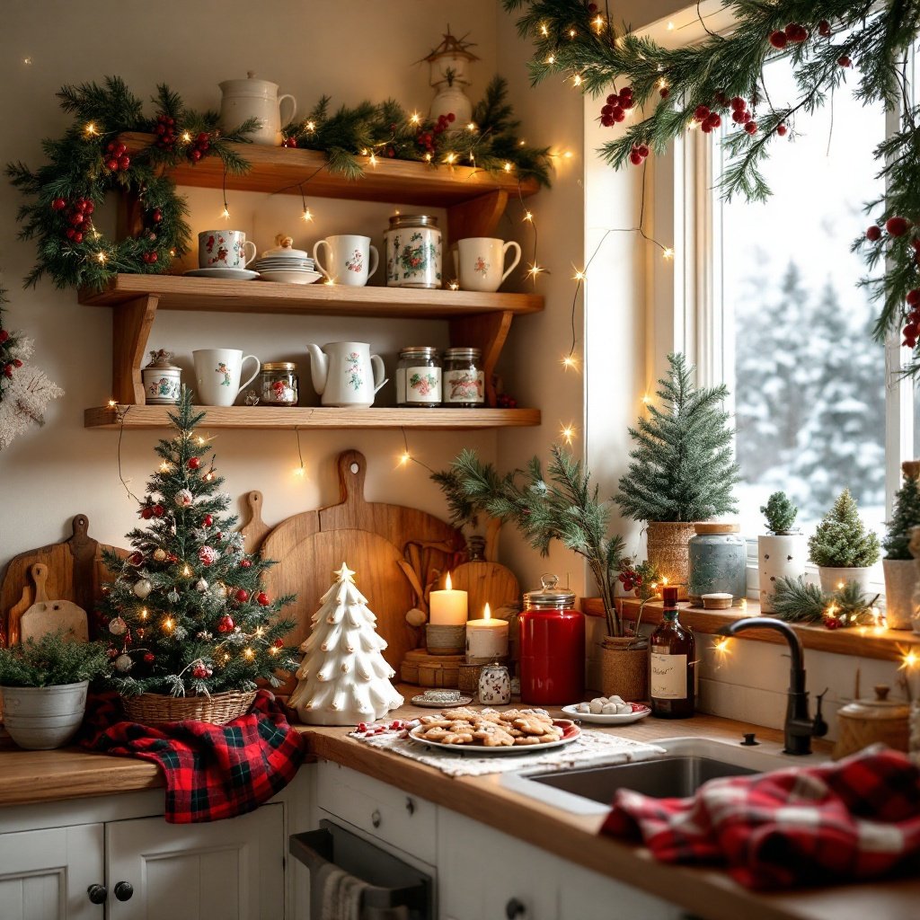 1990s Country Christmas Kitchen — Create a festive kitchen inspired by the cozy, country style of the 1990s, filled with warm holiday decorations. This space should feel inviting and homey, with vintage touches, warm colors, and Christmas decor that brings a sense of tradition and comfort.