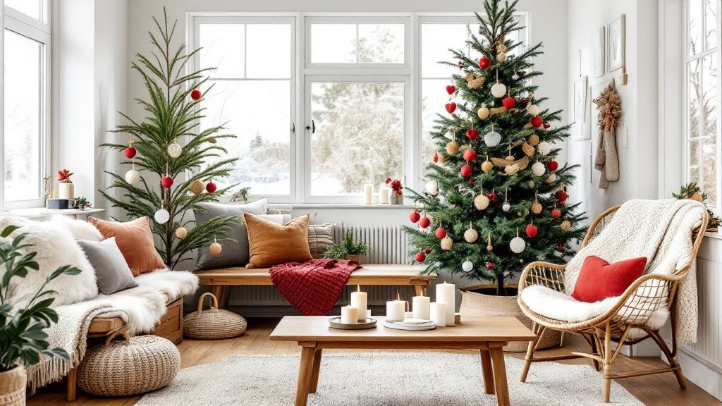 1960s Scandinavian Christmas Sunroom — Create a Scandinavian-inspired sunroom decorated for Christmas, embodying the simple, functional, and cozy style of 1960s Nordic design. This space should feel bright and airy, with minimalist holiday decor and natural materials that add warmth to the serene Scandinavian aesthetic.