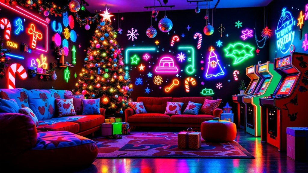 1980s Retro Arcade Christmas Basement — Create a lively, retro-inspired arcade-themed basement, decorated festively for Christmas with a vibrant 80s vibe. This room should feel fun and nostalgic, capturing the playful atmosphere of an 80s arcade with holiday lights and quirky decorations.
