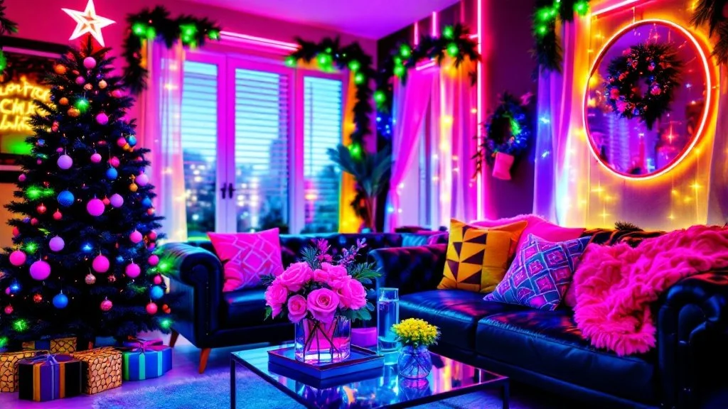 1980s Neon Christmas Living Room — Create a bold, neon-inspired living room decorated for Christmas, capturing the vibrant energy and color-block aesthetic of the 1980s. This room should feel fun, lively, and slightly retro, with neon holiday decorations that glow against a sleek, modern background.