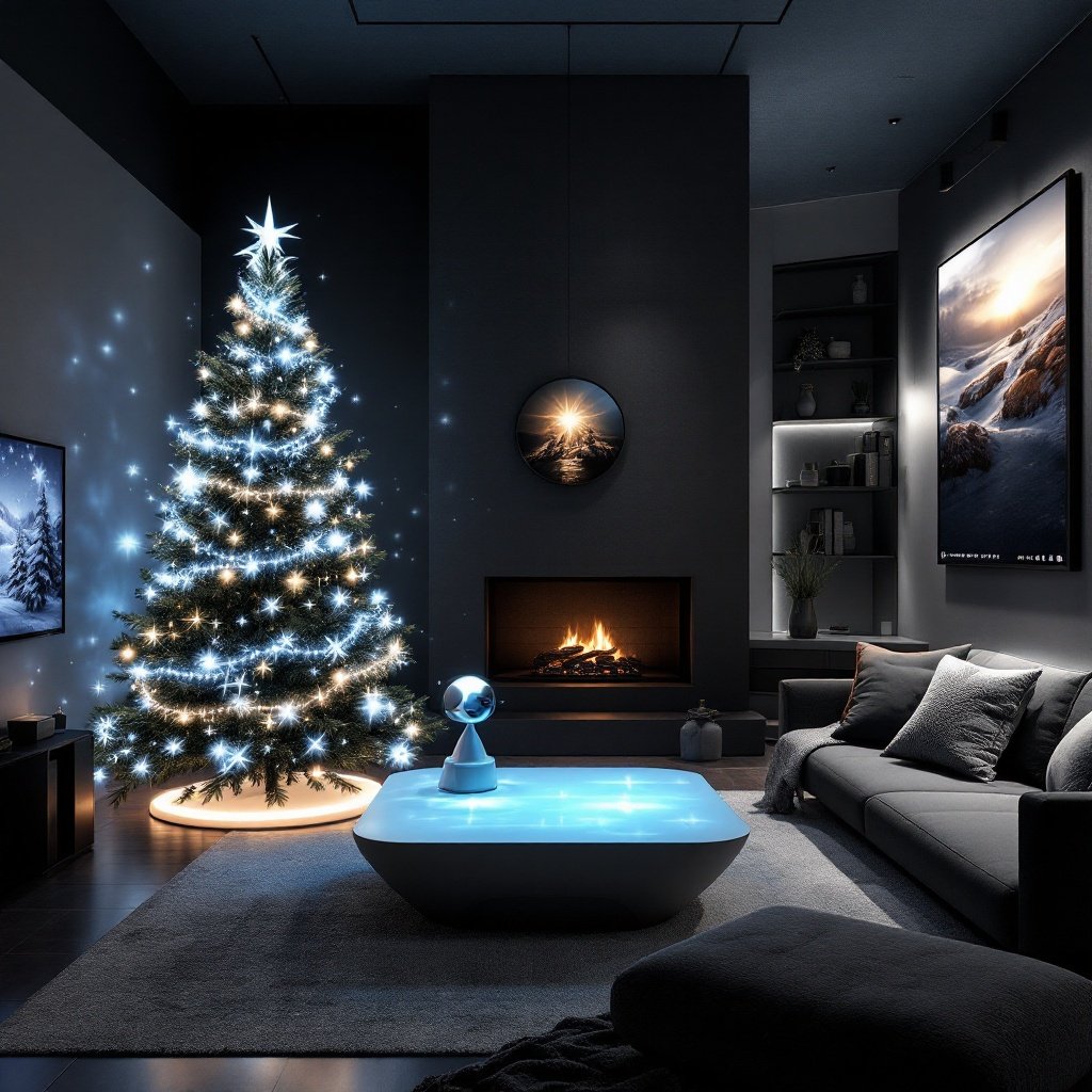  — Contemporary Christmas Interior Trends for 2024 - Futuristic Lounge with Projection Mapping and Smart Holiday Features. Design a futuristic lounge that uses projection mapping and smart holiday features to create an immersive Christmas environment. The space should feel modern, dynamic, and sophisticated.