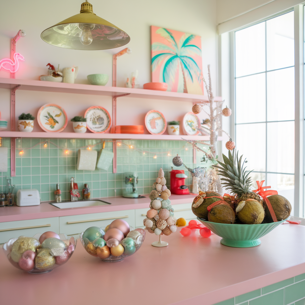 1980s Miami Christmas Kitchen — Create a bright, tropical 1980s Miami-inspired kitchen, decorated festively for Christmas with a vibrant, pastel color scheme. This space should feel fresh and energetic, blending beachy 80s vibes with unique holiday decorations. The ambiance should evoke a fun, breezy Christmas by the sea.