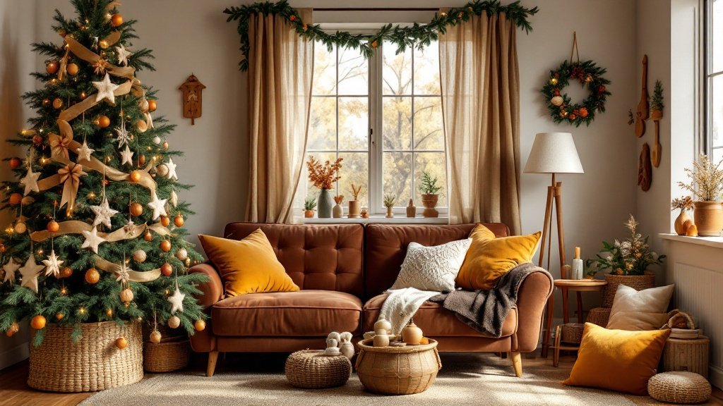 1970s Cozy Earth-Toned Christmas Living Room — Create a cozy 1970s-inspired living room with earthy Christmas decor, filled with warm tones, natural textures, and handmade holiday elements. This space should feel warm, inviting, and comfortable, capturing the grounded, nature-inspired aesthetics of the 1970s.