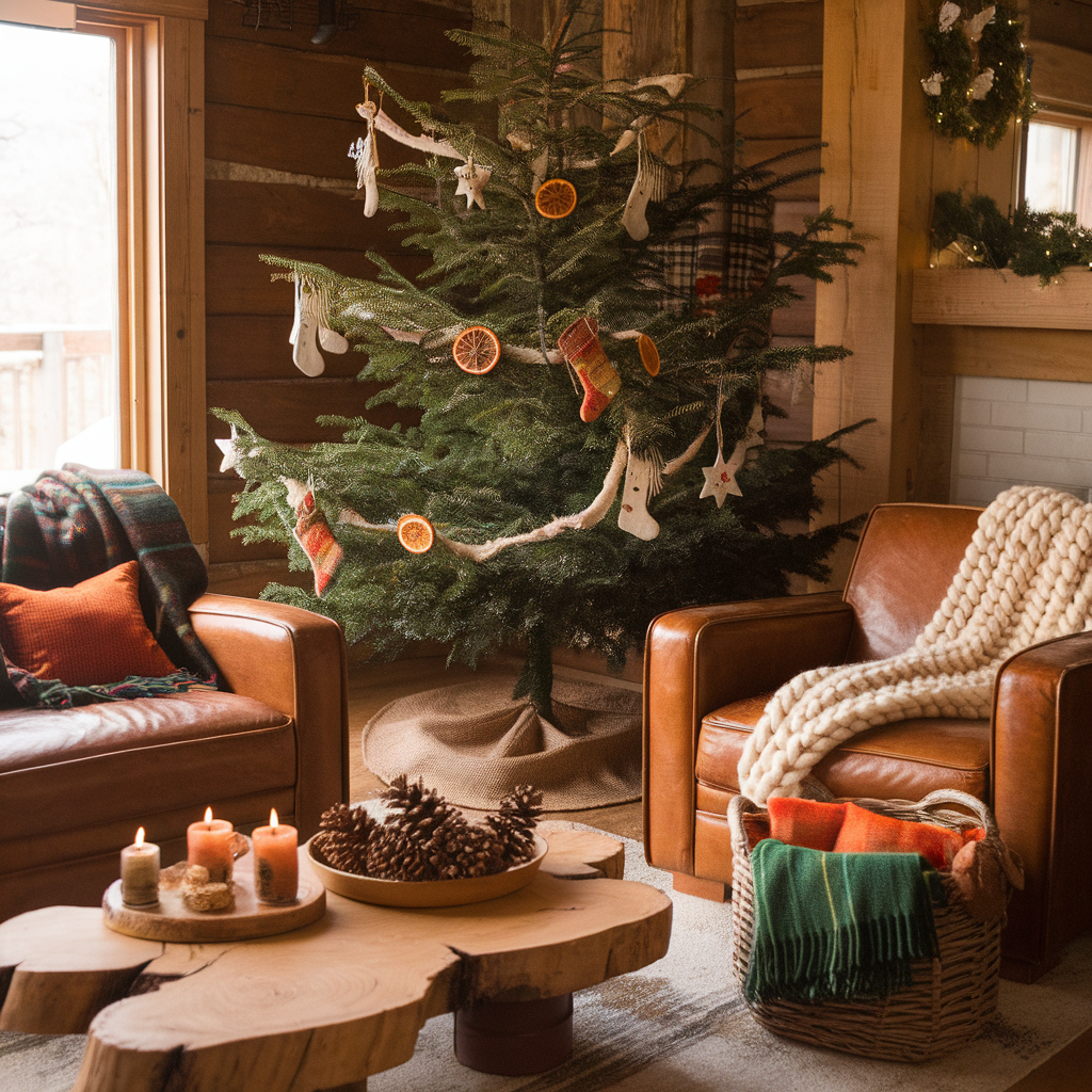  — 1960s Cozy Cabin Christmas Lounge Create a warm, cozy lounge with rustic cabin-style decor from the 1960s, dressed up for Christmas with earthy holiday accents. This space should feel inviting and intimate, reflecting the natural materials and organic, homey style of the 1960s.