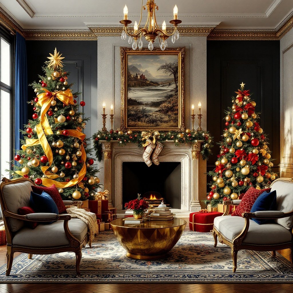  — Contemporary Christmas Interior Trends for 2024 - Regency Christmas Living Room. Create a luxurious Regency-inspired living room with dramatic holiday decor, capturing the grandeur and opulence of the Regency period. This room should feel lavish and ornate, with elaborate decorations, dark wood furniture, and intricate detailing that exudes a sense of grandeur and holiday warmth.