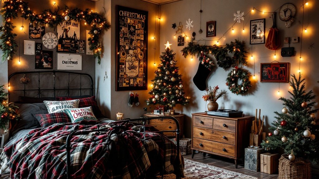 1990s Grunge Christmas Bedroom — Create a cozy, slightly edgy bedroom inspired by 1990s grunge style, decorated festively for Christmas. This room should feel comfortable and eclectic, with dark tones, vintage decor, and subtle holiday touches that bring warmth to the grunge aesthetic.
