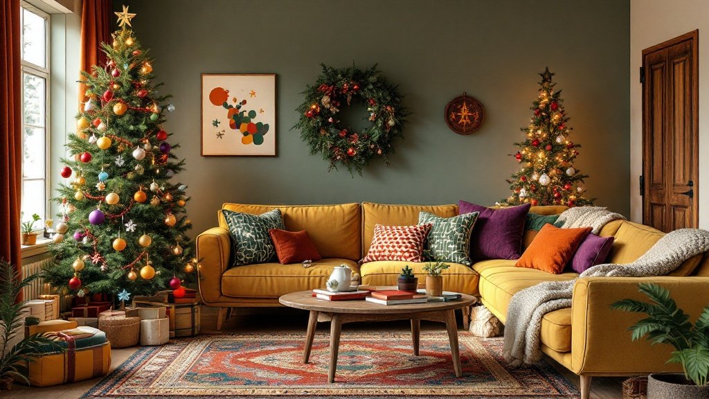 1970s Eclectic Christmas Family Room — Create an eclectic family room decorated for Christmas, inspired by the vibrant colors and layered patterns of the 1970s. This space should feel warm and lively, combining vintage elements with festive holiday decor to create a family-friendly, nostalgic holiday atmosphere.