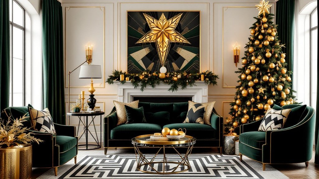 1980s Art Deco Christmas Living Room — Create a luxurious Art Deco-inspired living room decorated for Christmas, bringing the glamour of the 80s into a festive setting. This room should feel lavish and sophisticated, with gold accents, rich colors, and holiday decor that captures the 80s take on Art Deco elegance.