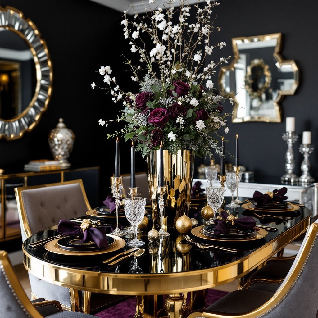 1980s Glamour Christmas Dining Room — Create a glamorous 1980s-inspired dining room with festive, glitzy holiday decor. This space should feel sophisticated and vibrant, with metallic accents, mirrored surfaces, and bold colors that bring an air of elegance to the Christmas celebration.