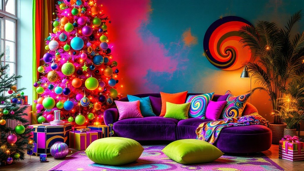 1960s Psychedelic Pop Christmas Den — Create a colorful den with a psychedelic pop-inspired 1960s Christmas theme, combining bold patterns, bright colors, and eclectic holiday decor. This space should feel lively, vibrant, and a bit whimsical, capturing the adventurous, experimental style of the 60s.