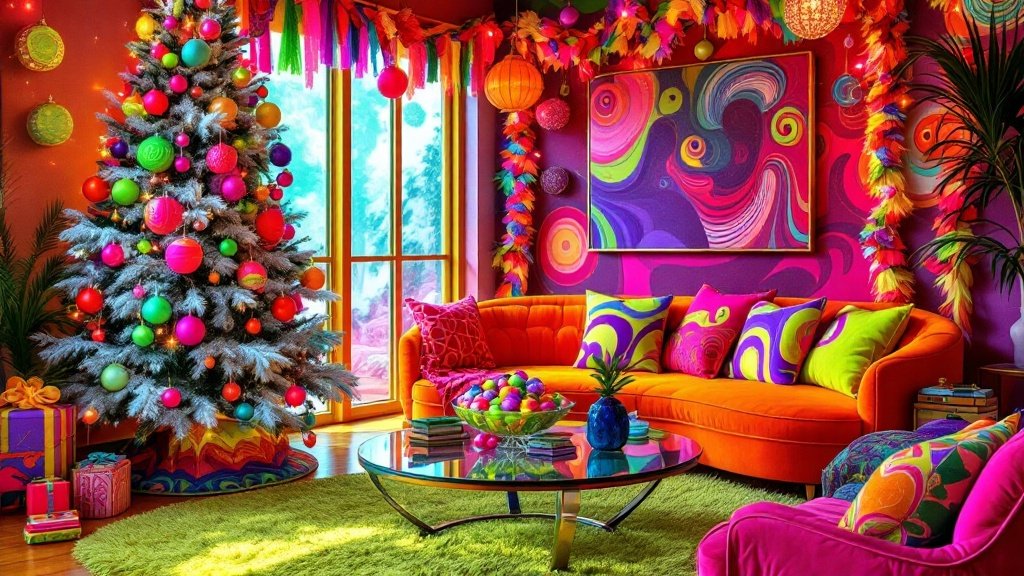 1970s Psychedelic Christmas Den — Create a den with psychedelic-inspired 1970s decor, dressed up for Christmas with vibrant, colorful holiday decorations. This space should feel funky and eclectic, combining bold patterns, bright colors, and festive details that capture the free-spirited vibe of the era.